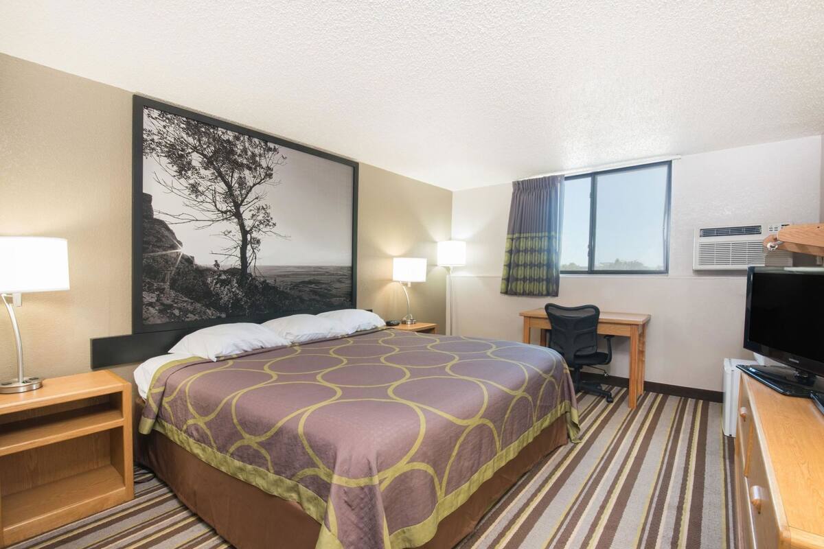 Une chambre d’hôtel comprenant un lit, deux lampes de chevet, un bureau avec une chaise, une télévision et une grande fenêtre.