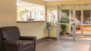 A reception area with a leather chair, a reception desk with a plant, and a glass door leading outside. - Super 8 by Wyndham Medina (Medina)