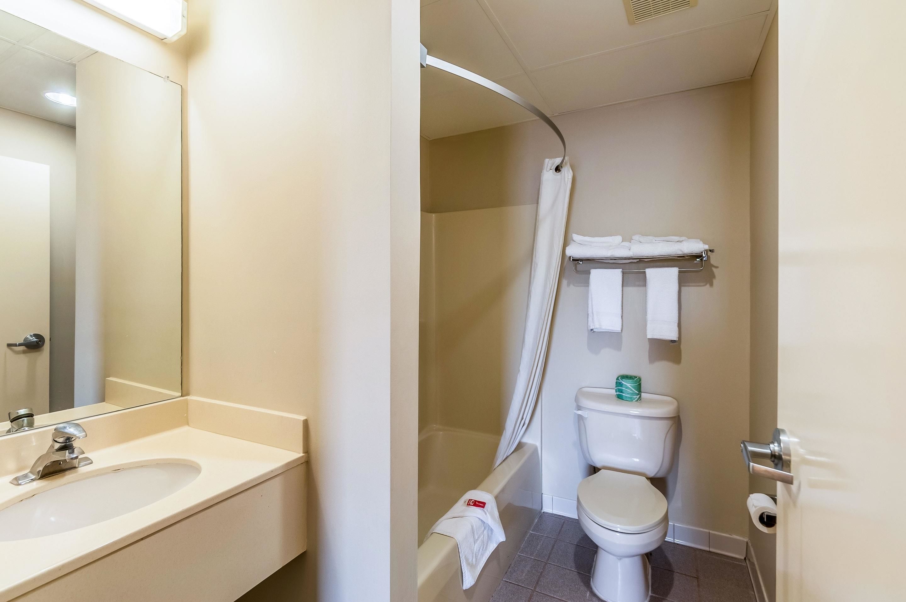 Une salle de bain équipée d’un lavabo, d’un miroir, de toilettes et d’une douche.