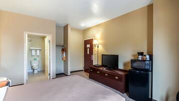 A hotel room with a bed, a television, a refrigerator, and a microwave.