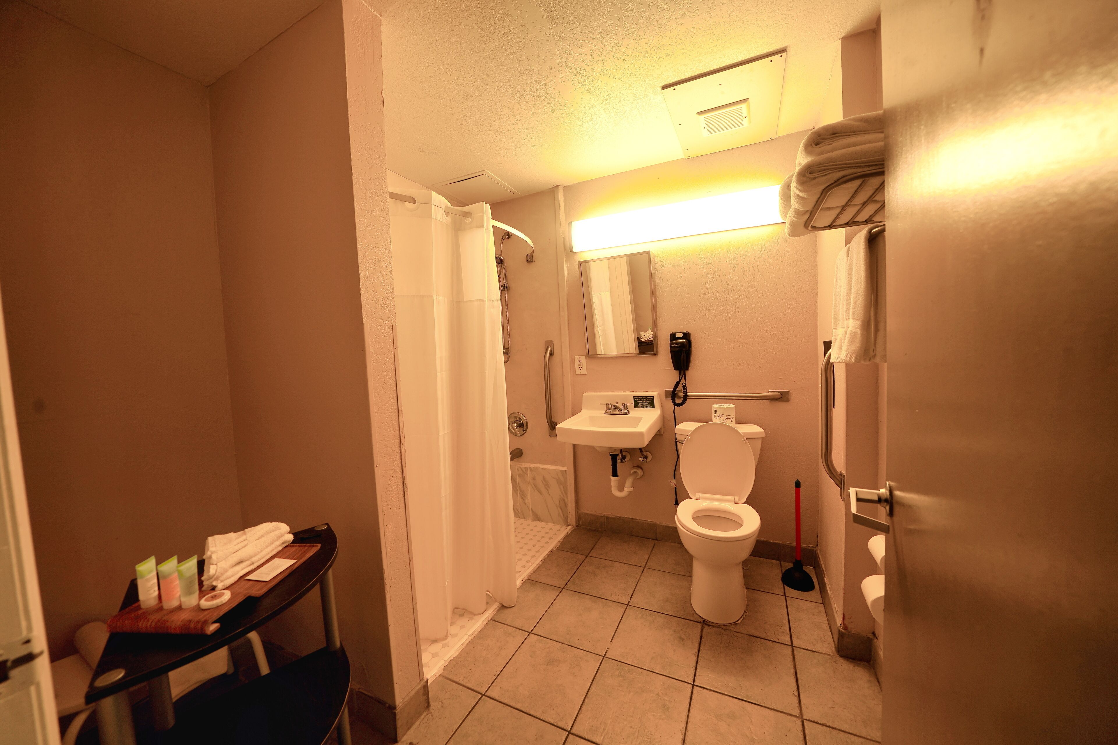 A bathroom with a shower, toilet, sink, and a mirror.