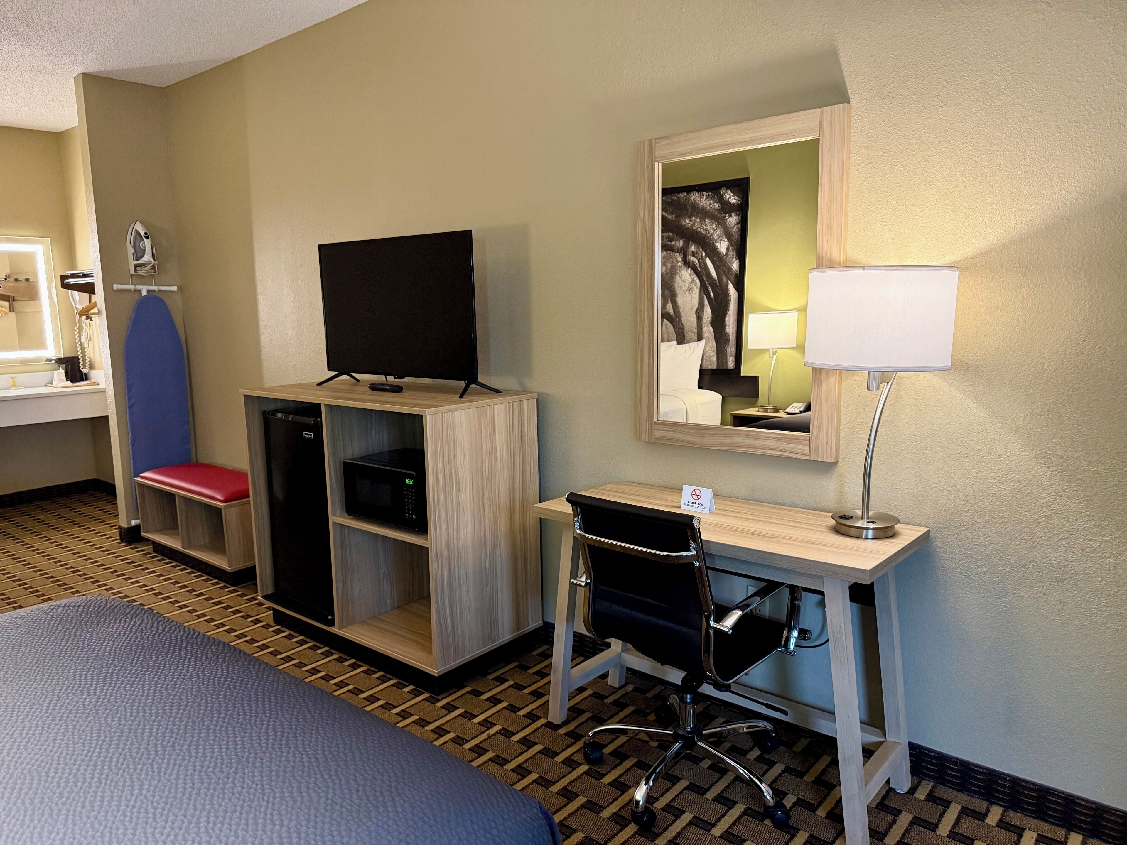 Une chambre d’hôtel comprenant un lit, un bureau avec une chaise, une télévision, un four à micro-ondes et un miroir.