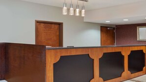 Un comptoir d’accueil avec un revêtement en bois et des panneaux noirs, un luminaire suspendu et un miroir encadré placé au-dessus.