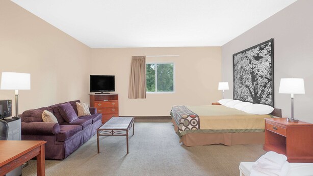 Une chambre d’hôtel avec un lit, un canapé, un bureau, une télévision et une fenêtre.