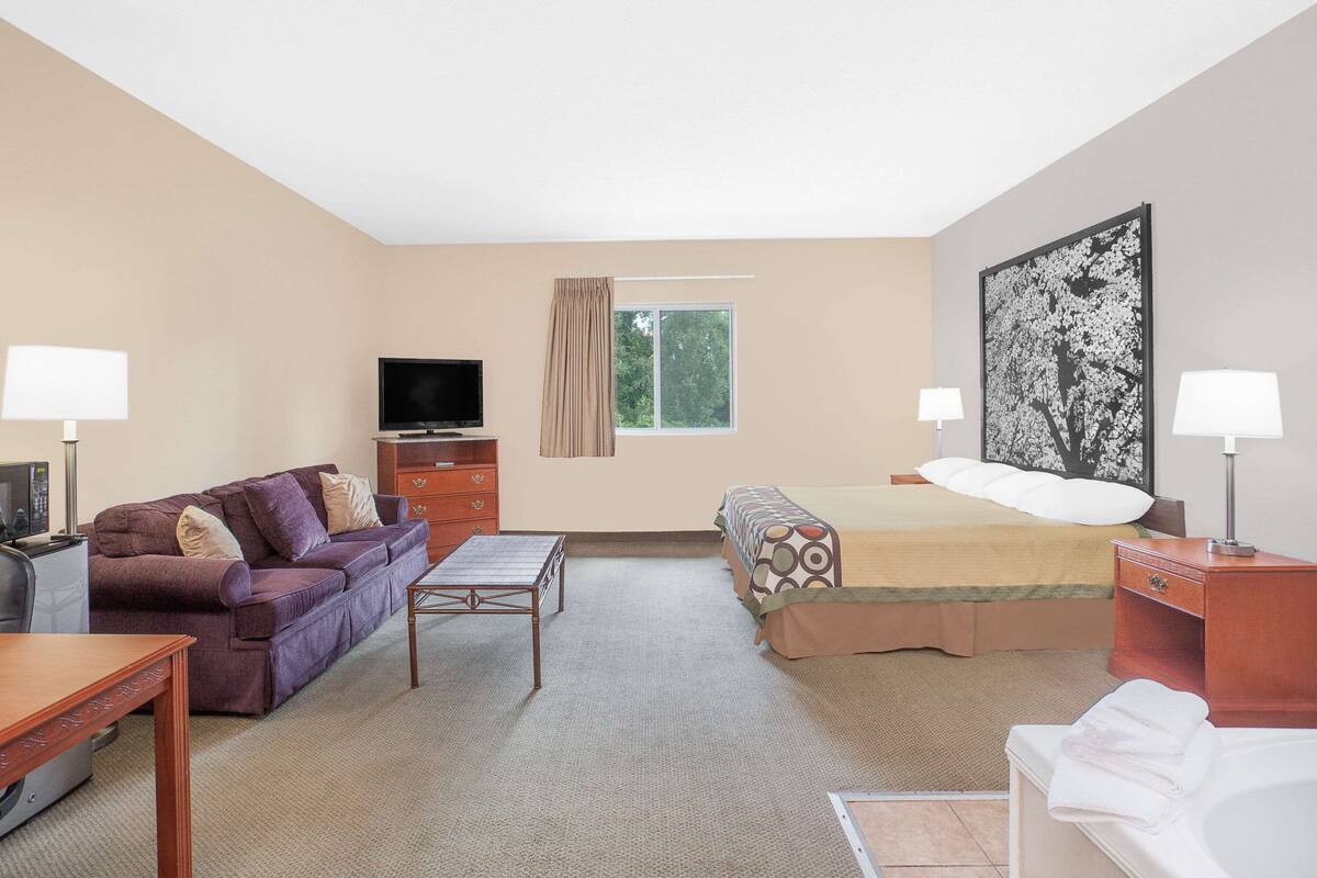 Een hotelkamer met een bed, een bank, een bureau, een televisie en een raam.