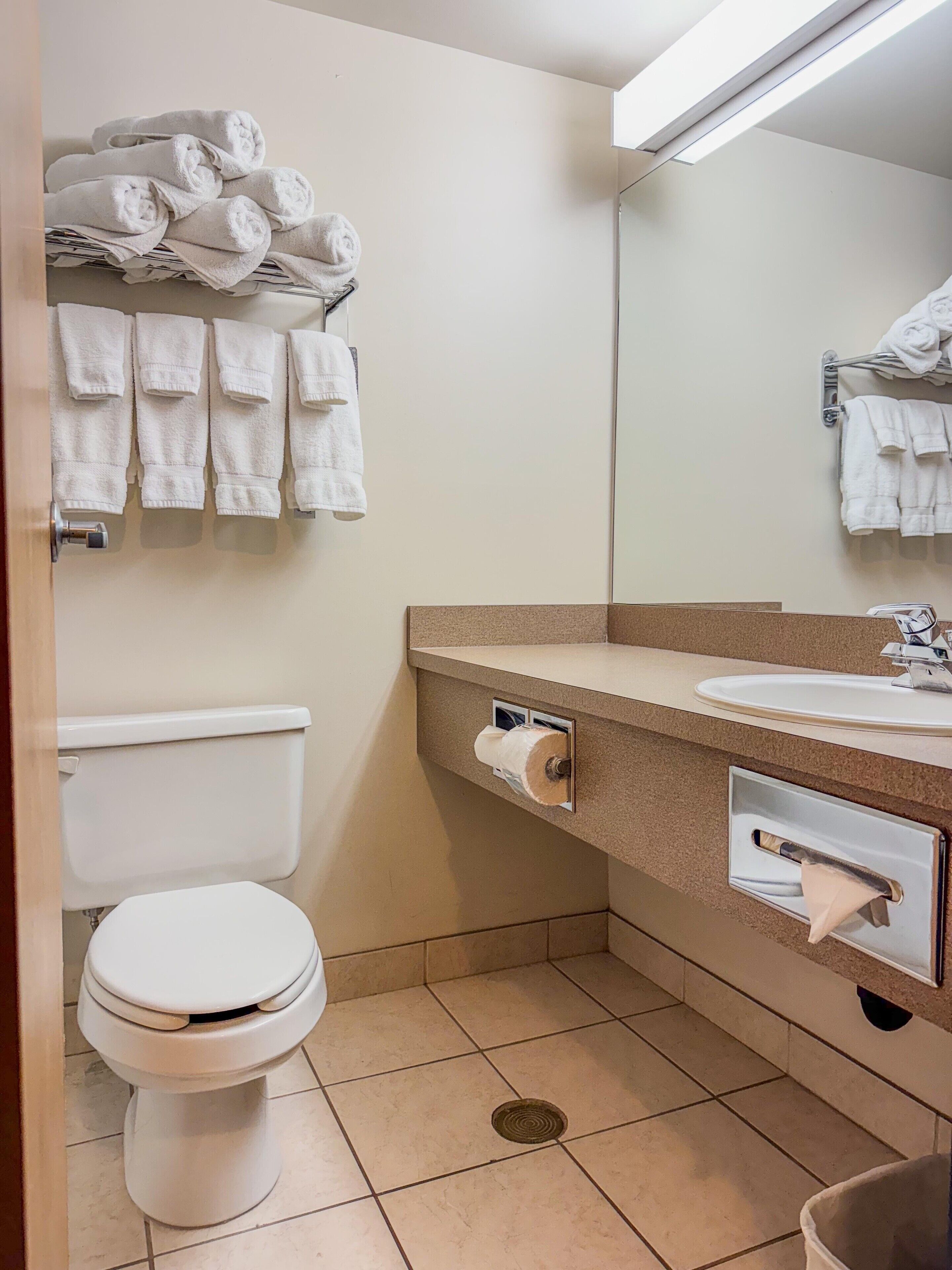 Un baño con inodoro, lavamanos y un toallero con toallas.