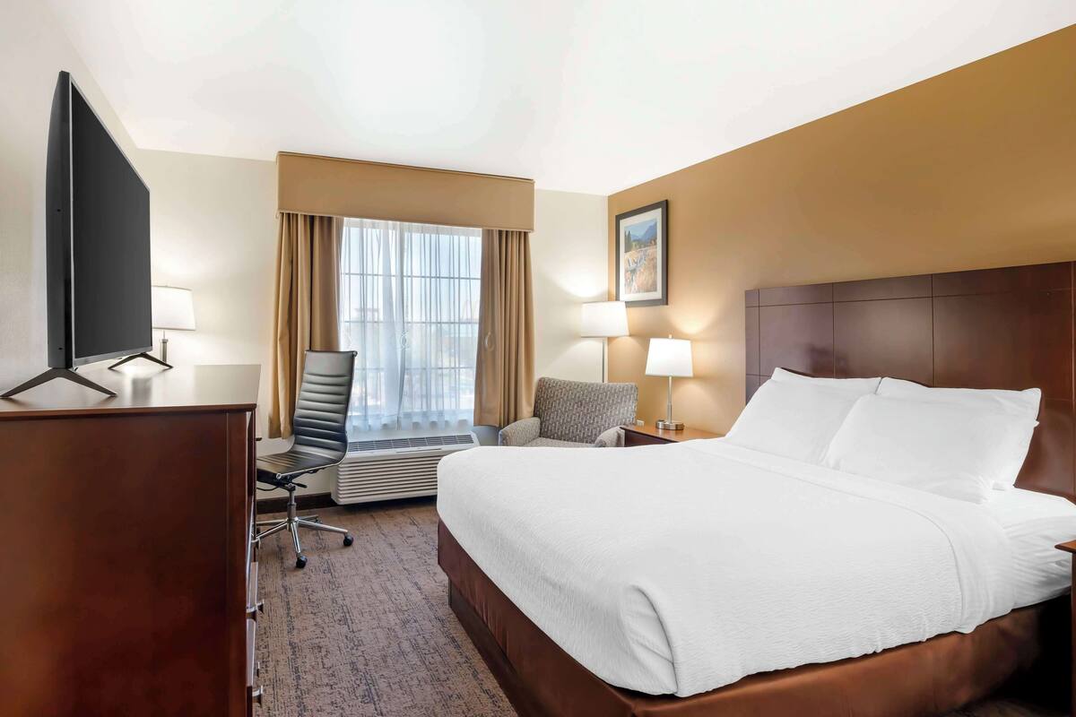 A hotel room with a large bed, a desk with a flat-screen TV, a chair, a lamp, and a window with curtains.