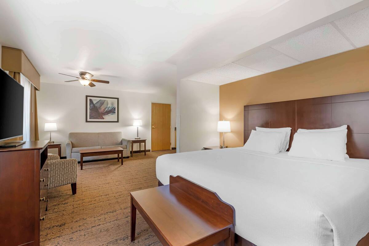 A hotel room with a large bed, a desk, a chair, a sofa, a ceiling fan, and a painting on the wall.