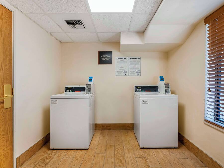 Une buanderie équipée de deux machines à laver à chargement frontal, d’une bouche d’aération au plafond et d’une fenêtre avec des stores.