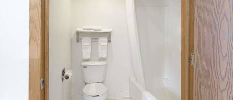 A bathroom with a toilet, a shower curtain, and a bathtub.