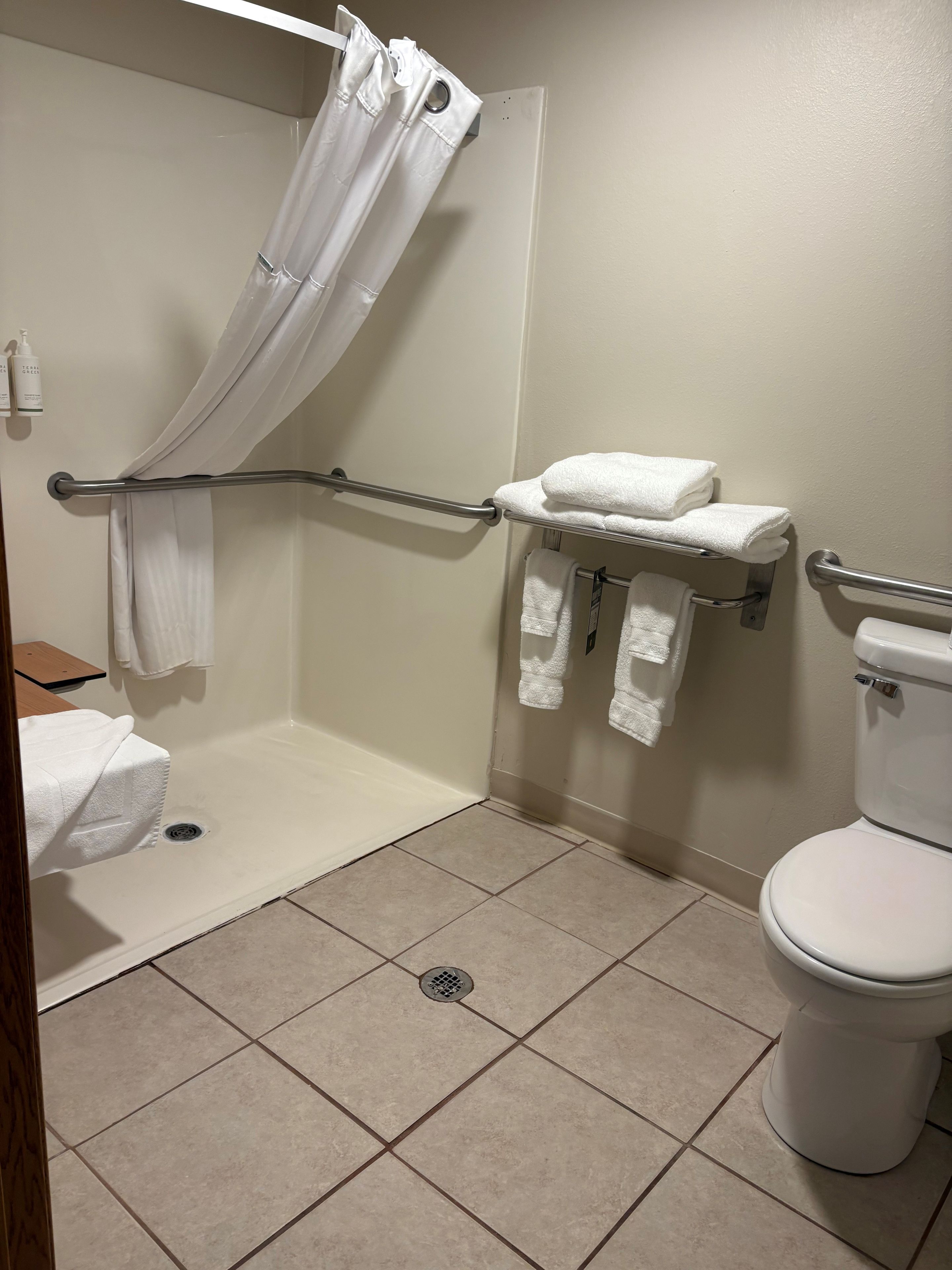 A bathroom with a shower, a toilet, and a towel rack.
