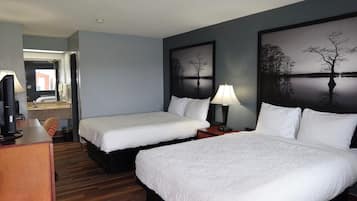 Desk, laptop workspace, blackout curtains, iron/ironing board