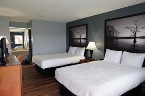 Desk, laptop workspace, blackout drapes, iron/ironing board