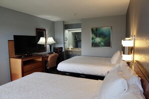 Desk, laptop workspace, blackout curtains, iron/ironing board