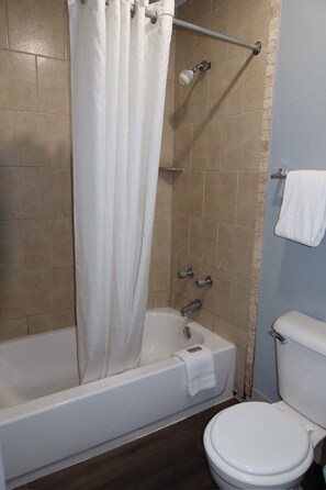Bañera con ducha, artículos de tocador gratuitos, secador de pelo