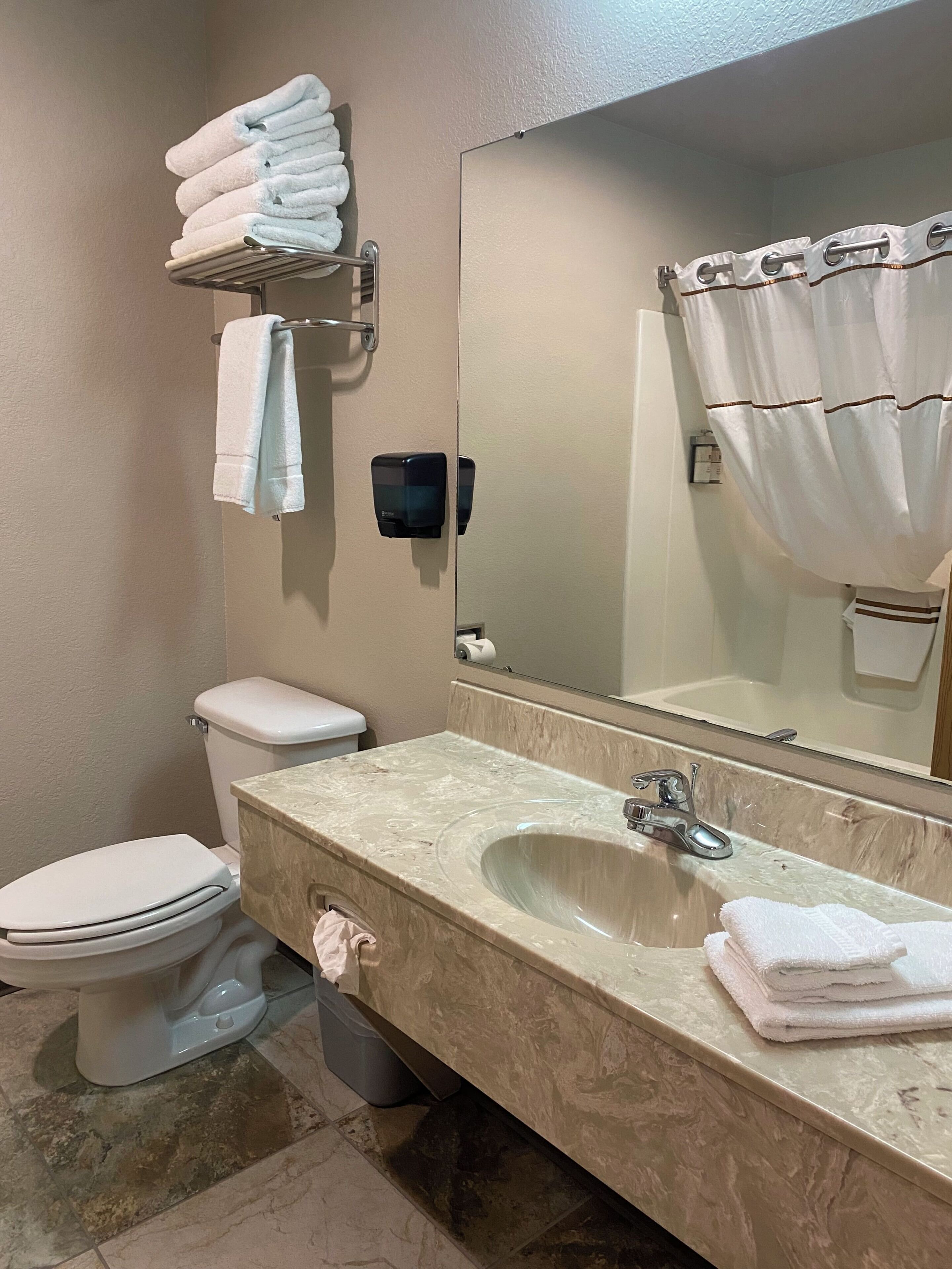 A bathroom with a toilet, sink, and mirror.