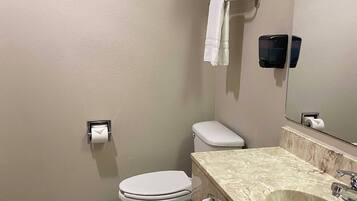 Et badeværelse med toilet, håndvask, håndklædetørrestativ og spejl.