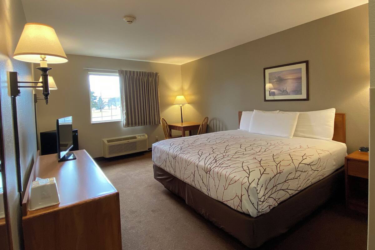 A hotel room with a bed, bedside table, lamp, window, air conditioning unit, and a painting on the wall.