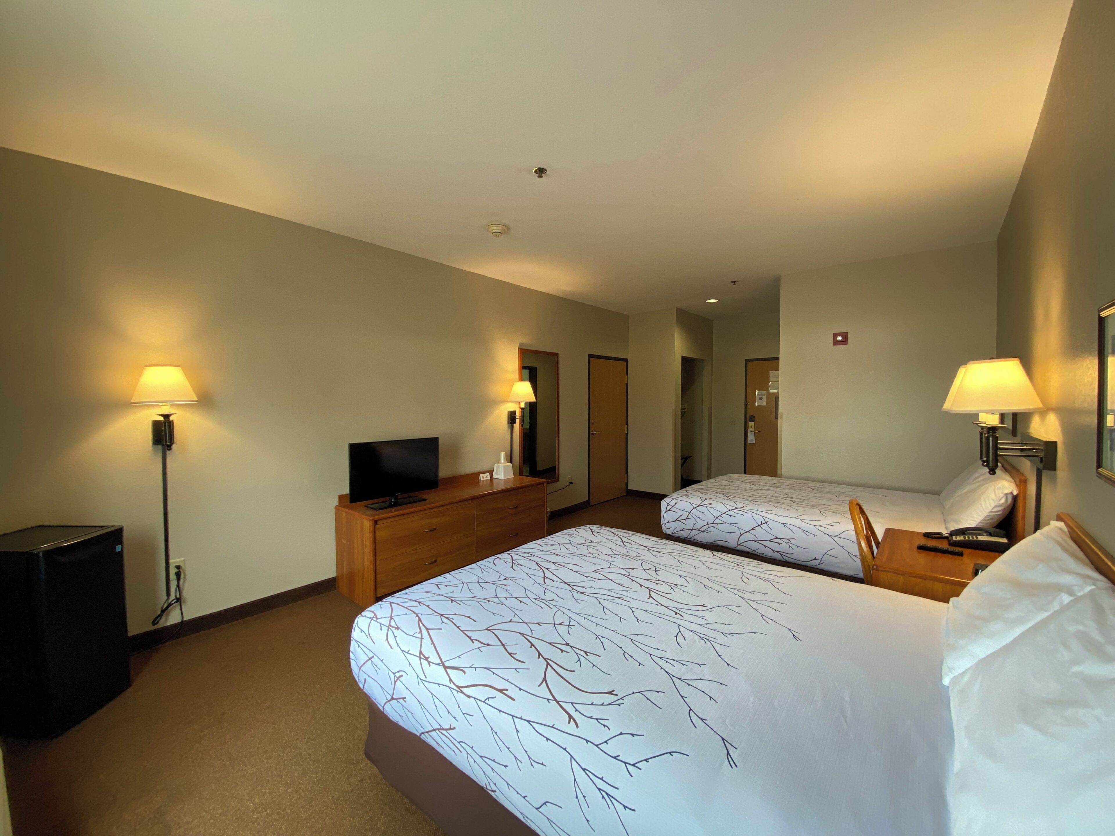 A hotel room with two beds, a TV, a desk, a lamp, and a mirror.