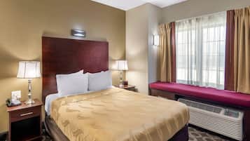 Hypo-allergenic bedding, desk, blackout drapes, iron/ironing board