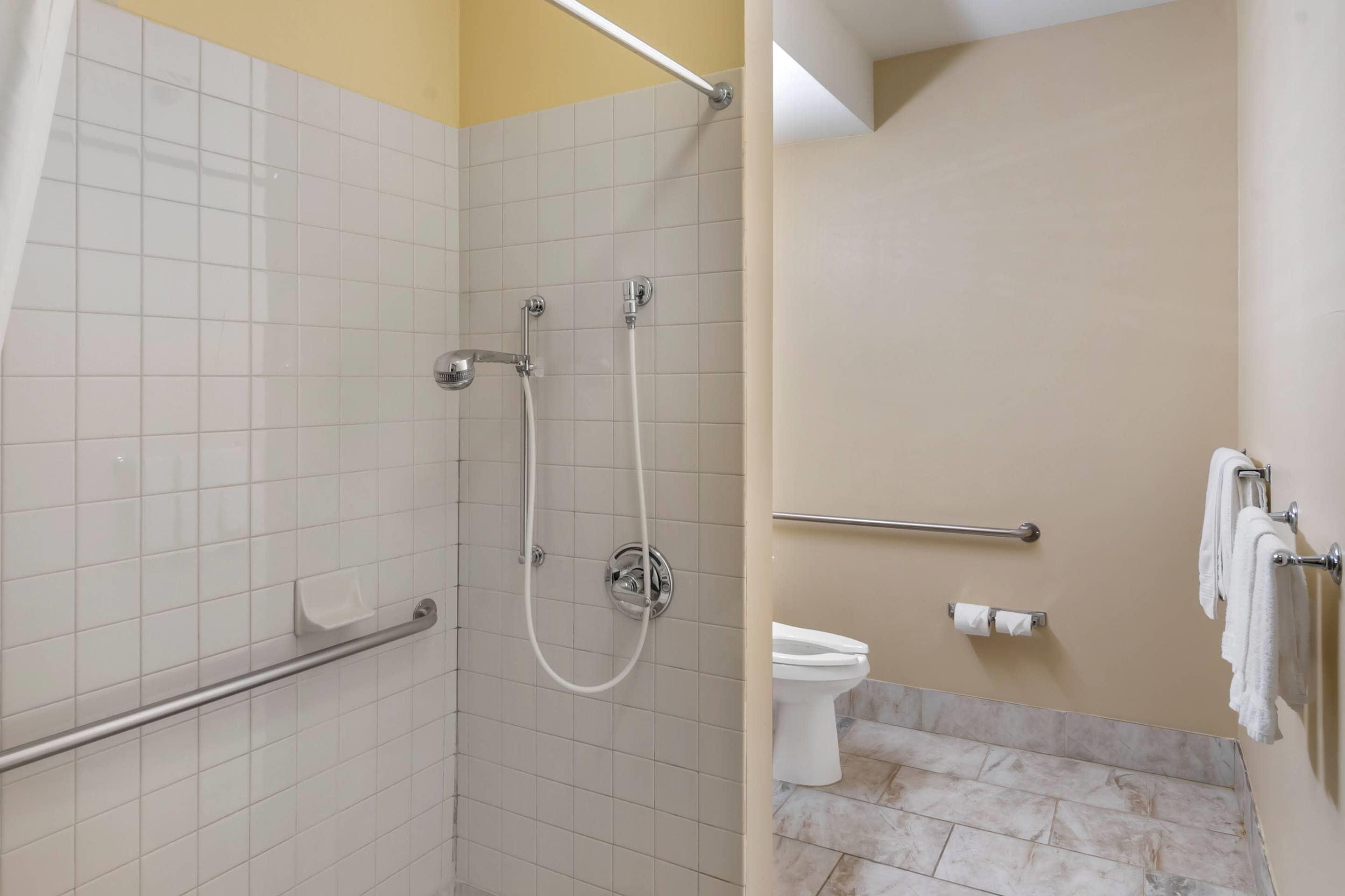 Een badkamer met witte tegels, een douche met een handdouche, een toilet en een handdoekrek.