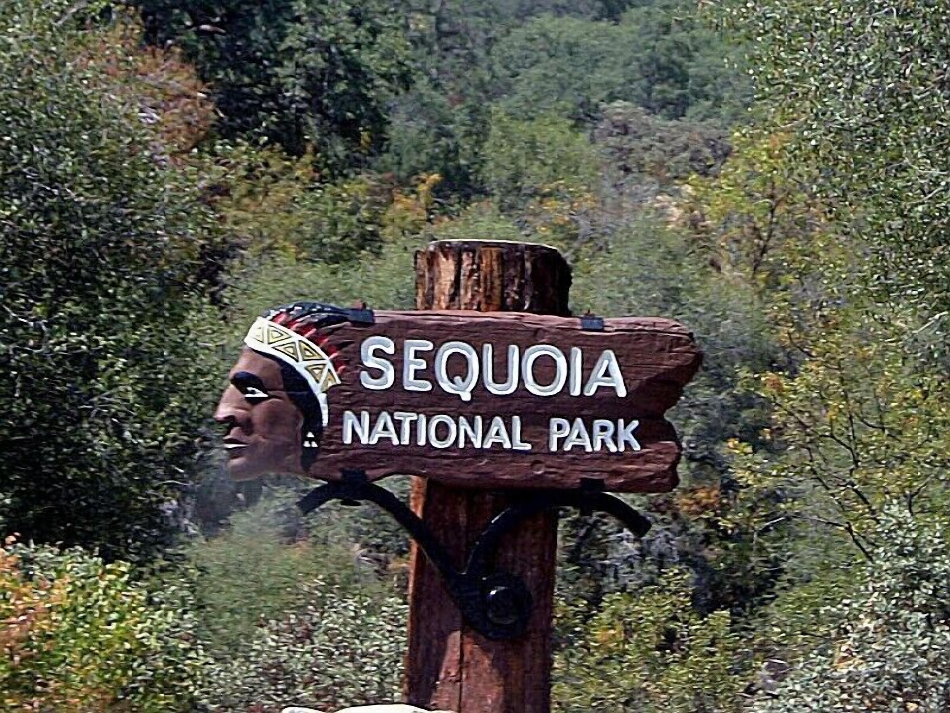 Et træskilt med teksten "SEQUOIA NATIONAL PARK" og en indianerhøvl.