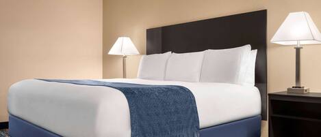 Una habitación de hotel con una cama, dos lámparas de noche y una alfombra azul.