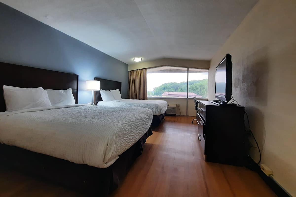 A hotel room with two beds, a desk, a television, and a large window with a view of greenery.