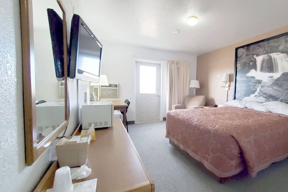 A hotel room with a bed, a desk, a chair, a television, and a painting on the wall.