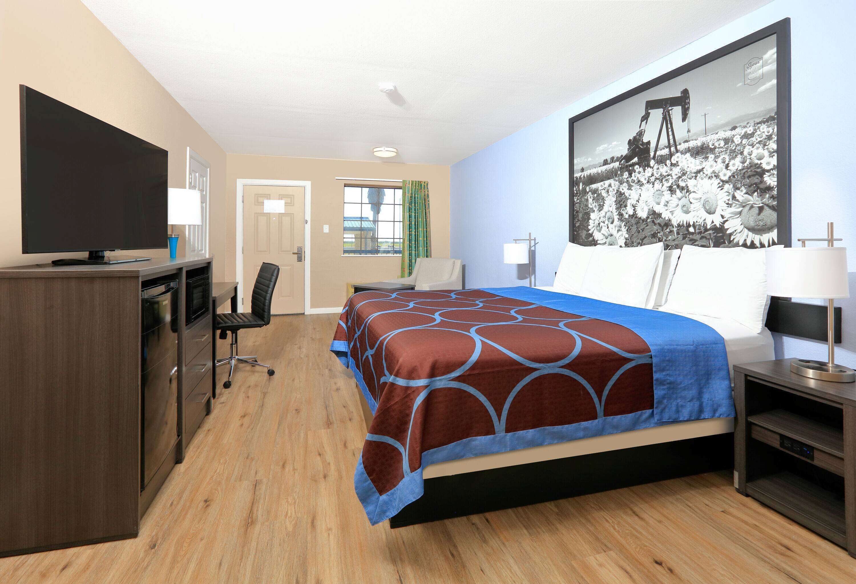 Une chambre d’hôtel avec un lit, un bureau avec une télévision, une chaise, une table de chevet et un tableau au mur.