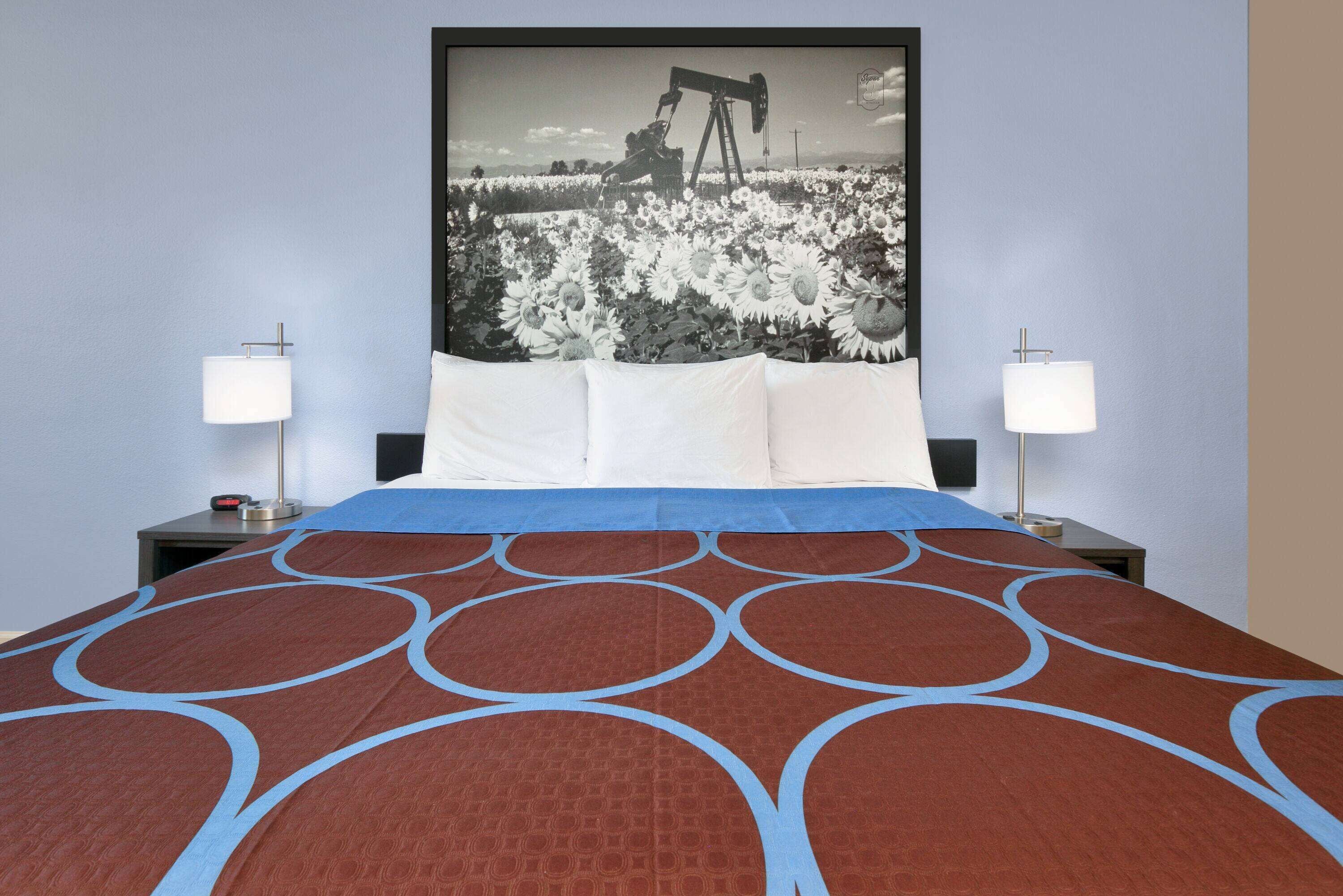 A hotel room with a large bed, two bedside tables, a nightstand, and a wall-mounted lamp.