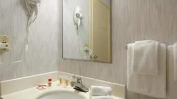 Une salle de bain équipée d’un lavabo, d’un miroir, d’un porte-serviettes et d’un sèche-cheveux fixé au mur.