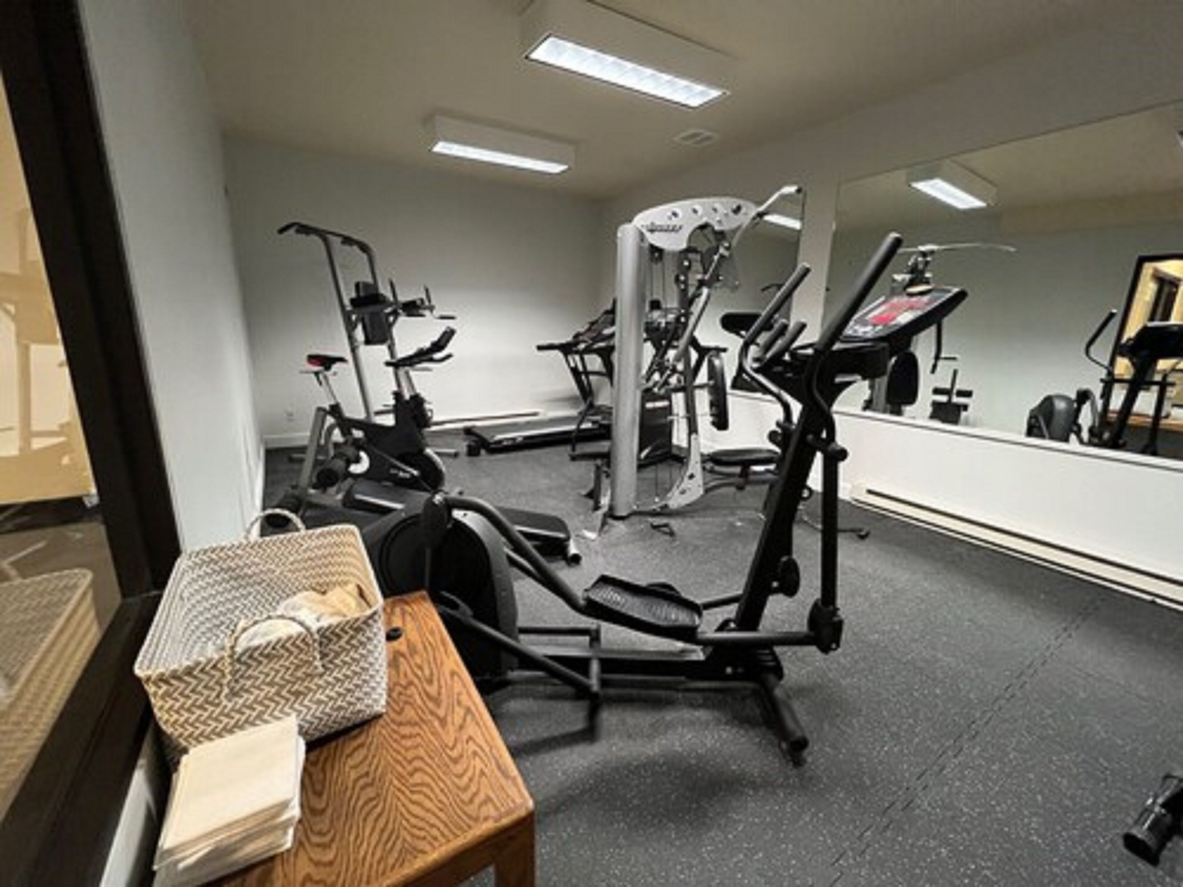 A gym with cardio machines, free weights, and a mirror wall.