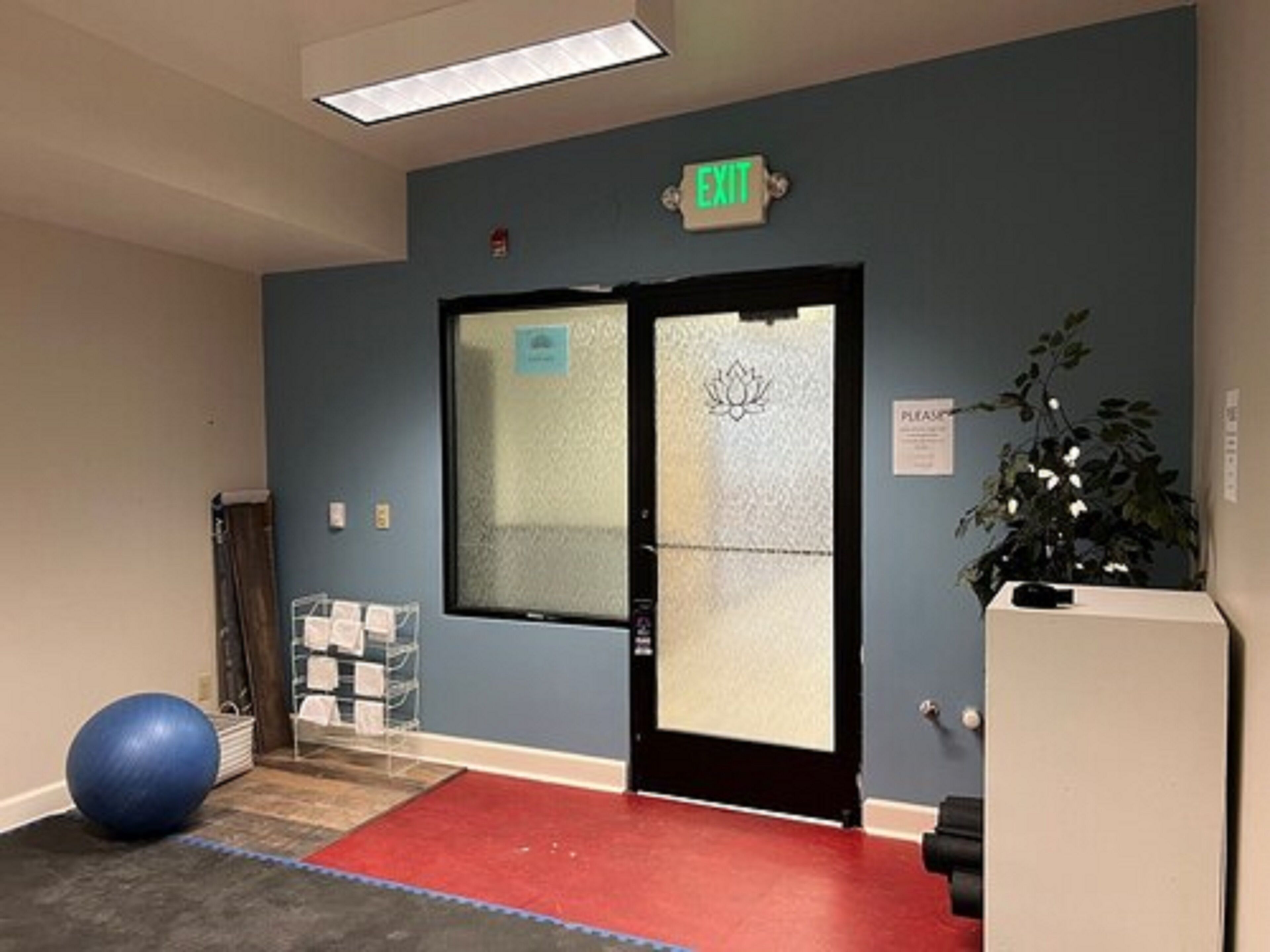 A room with a blue wall, a red carpet, a blue exercise ball, a white reception desk, and an exit sign.