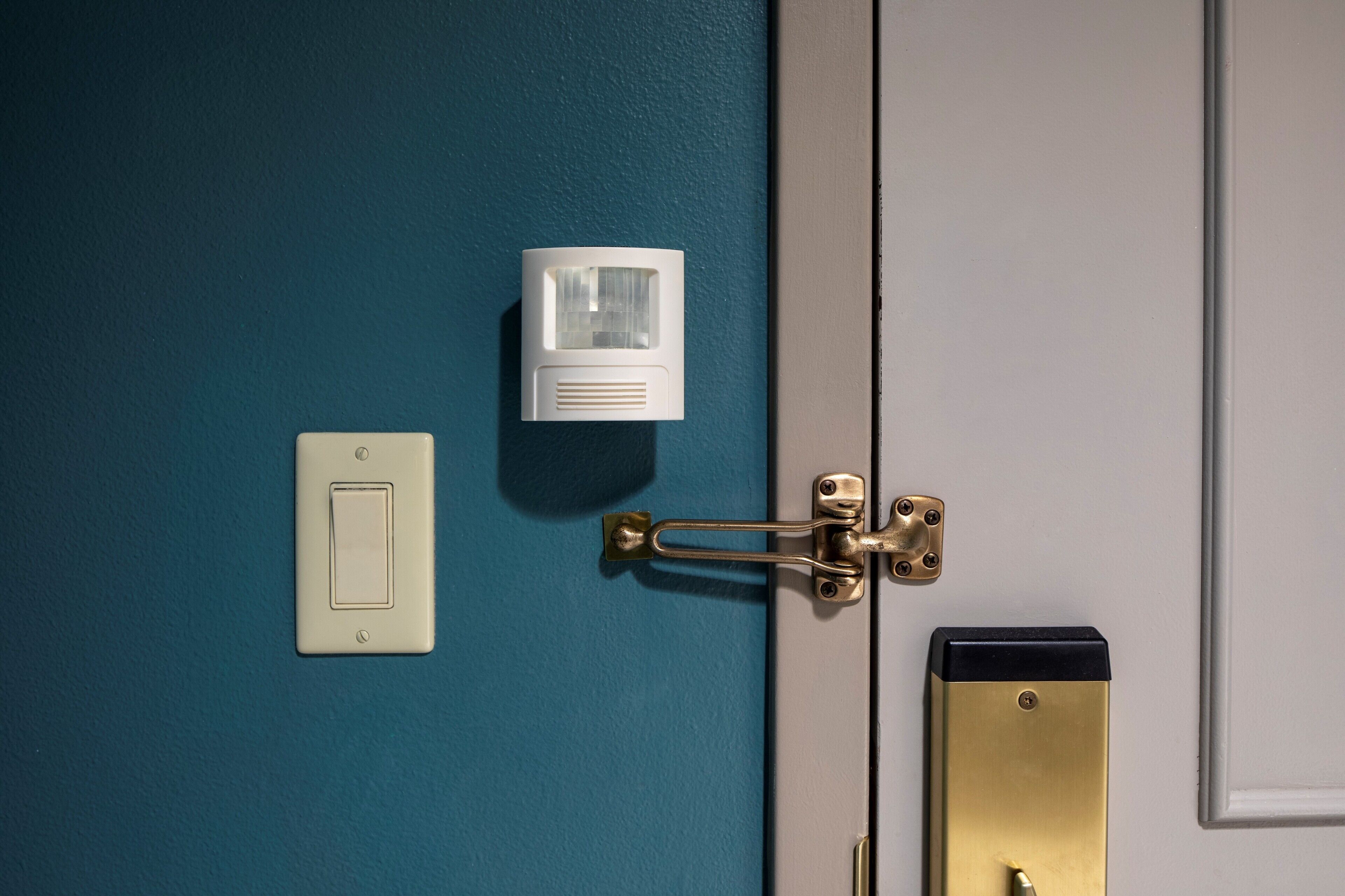A door with a white handle, a brass latch, and a white light switch on a teal wall.