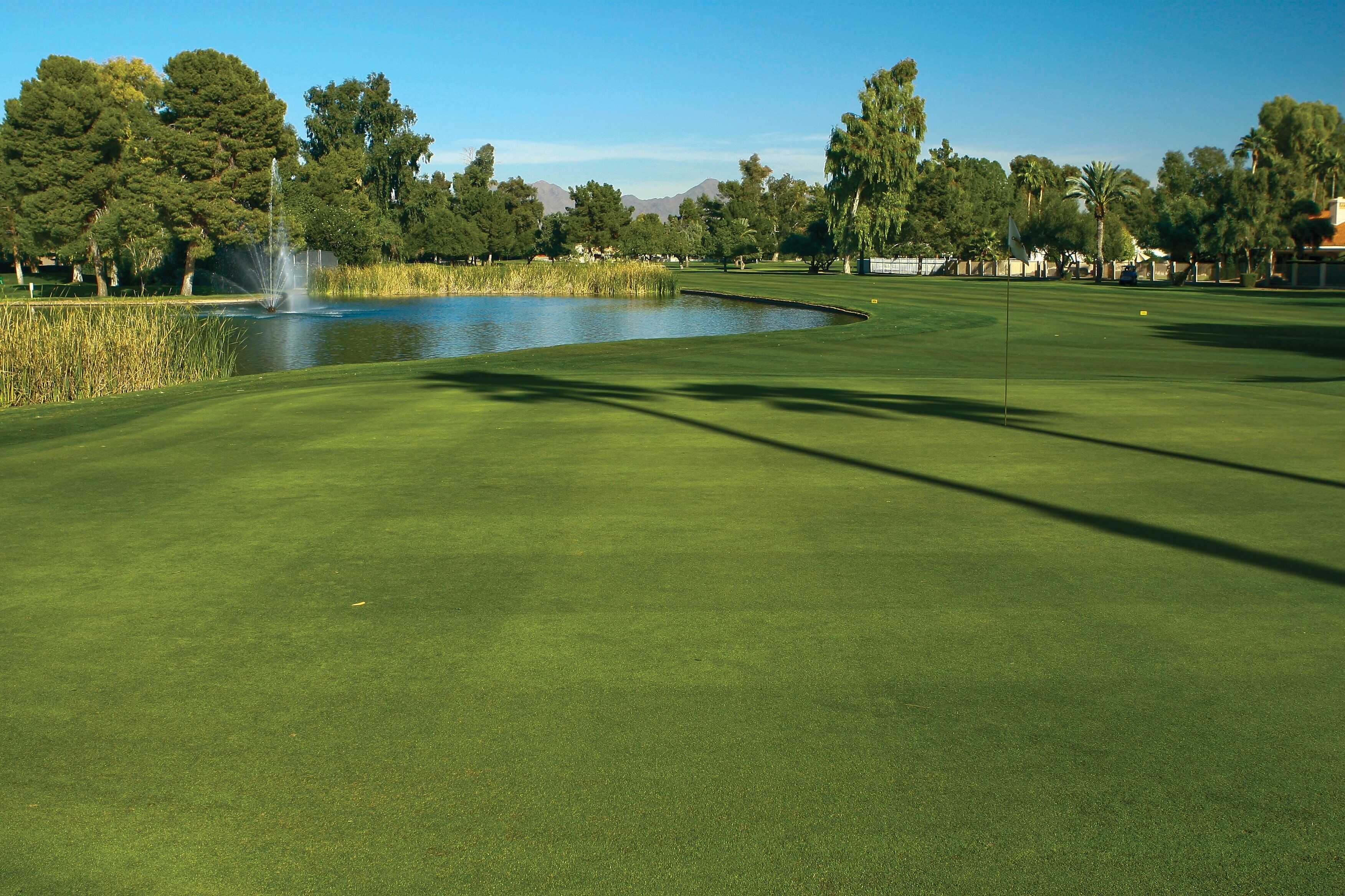 Un parcours de golf avec un étang, des arbres et un ciel dégagé.