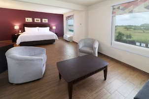 Habitación de hotel con cama, dos sillones, una mesita, una mesita de noche, lámpara, ventana con vista a un campo y pared con tres cuadros enmarcados.