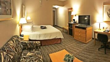 A hotel room with a bed, a desk with a computer, a chair, a TV, and a small table with a plant.