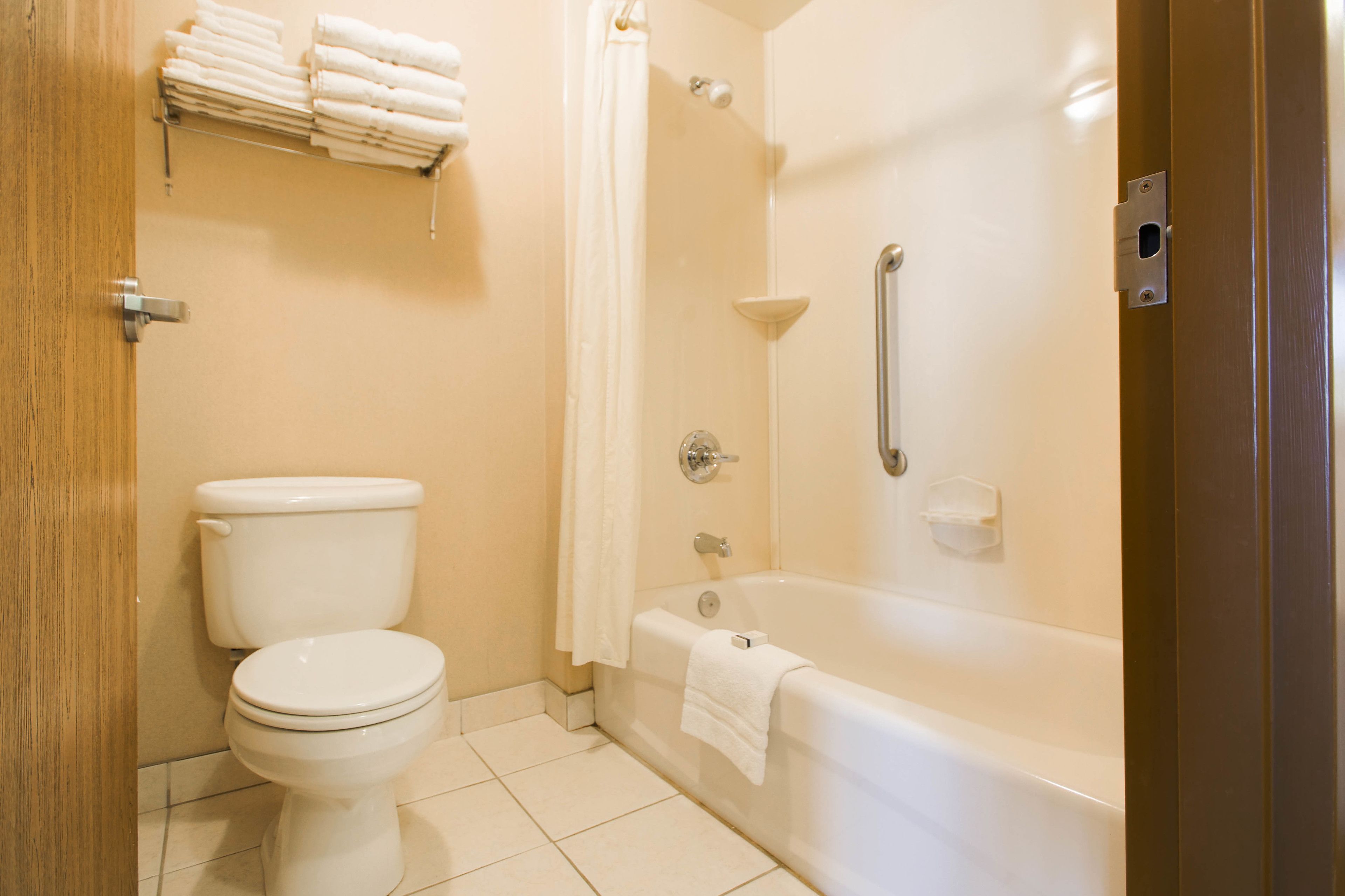 combined shower/bathtub, free toiletries, hair dryer, towels