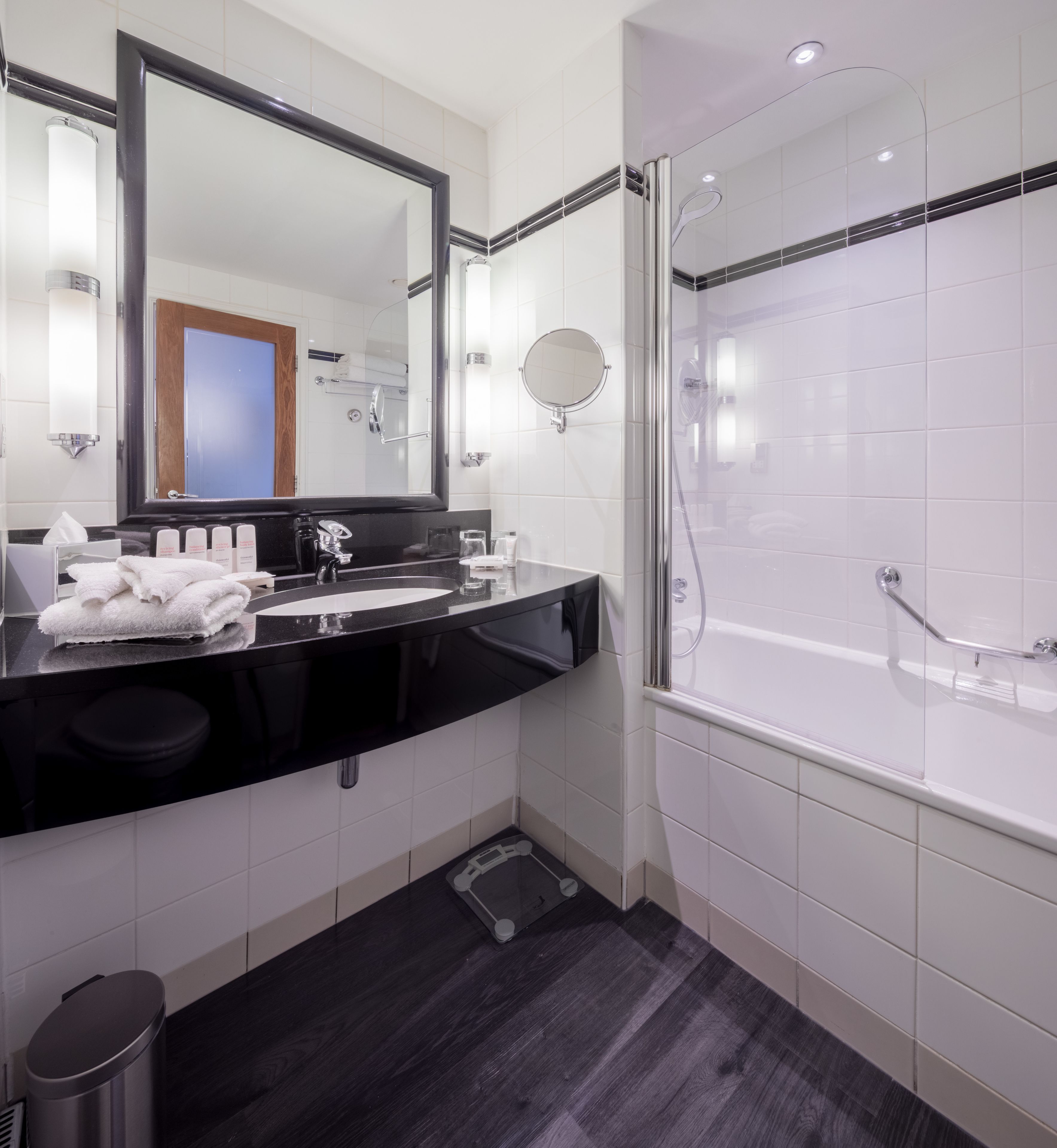 eco-friendly toiletries, hair dryer, towels