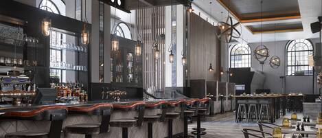 A bar area with stools, a bar counter, and a large window.