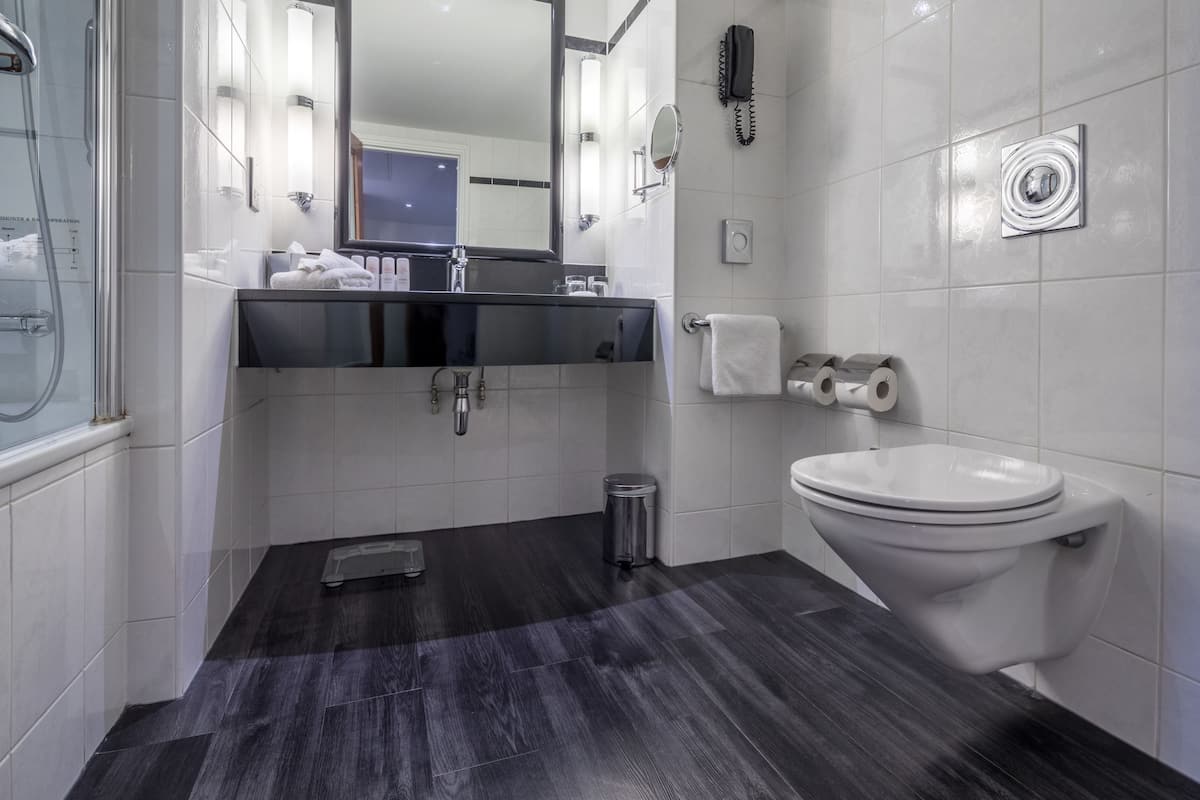 eco-friendly toiletries, hair dryer, towels