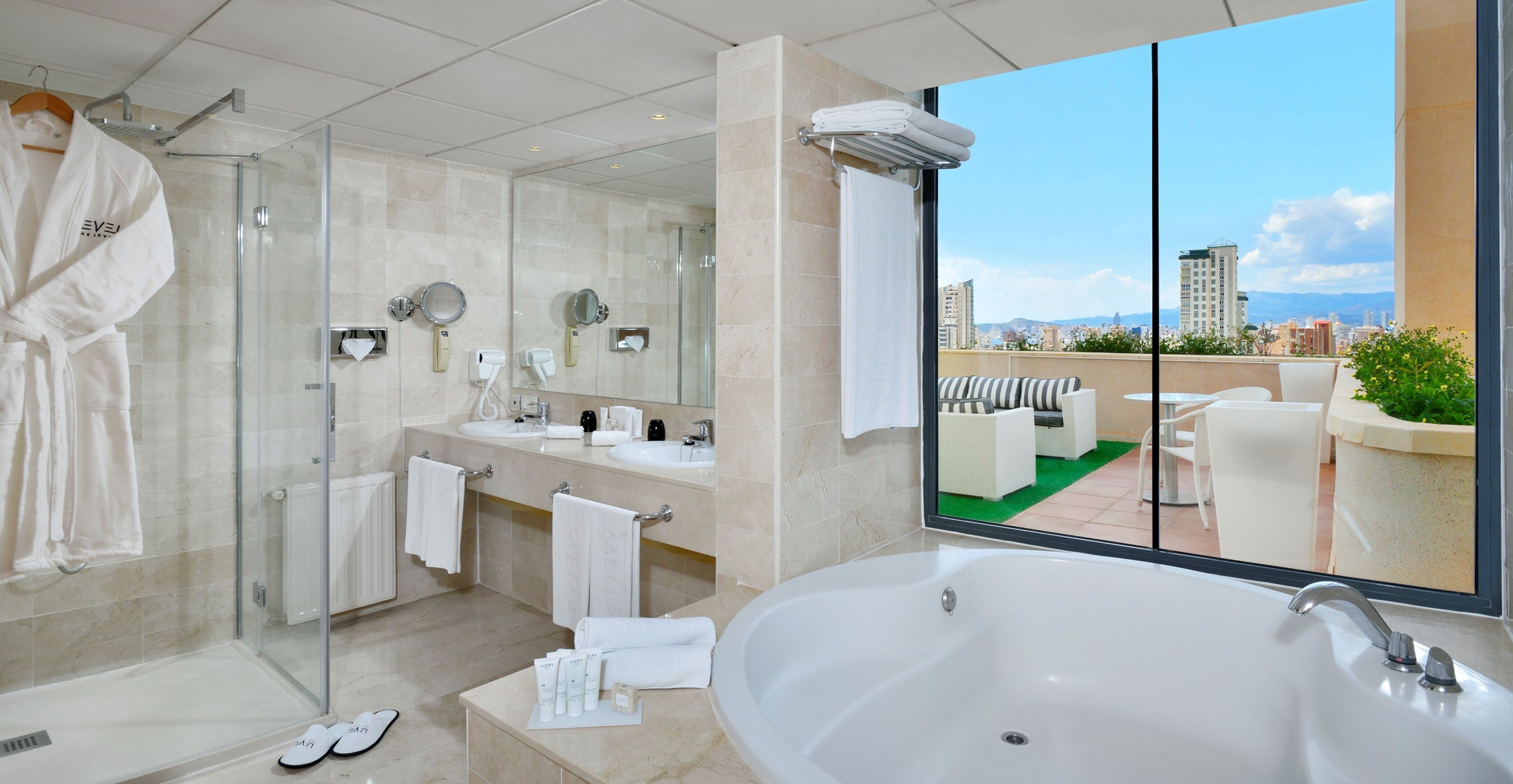 hair dryer, bidet, towels, soap