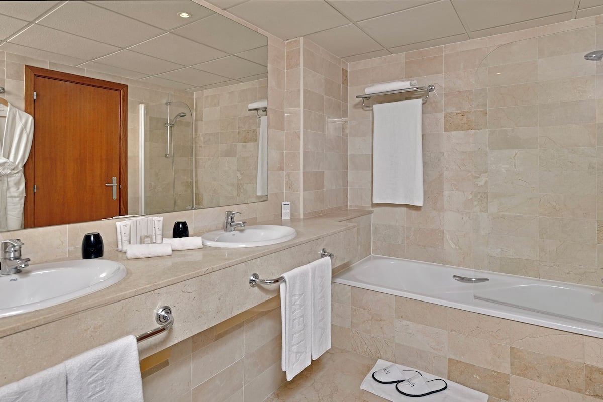 hair dryer, bidet, towels, soap