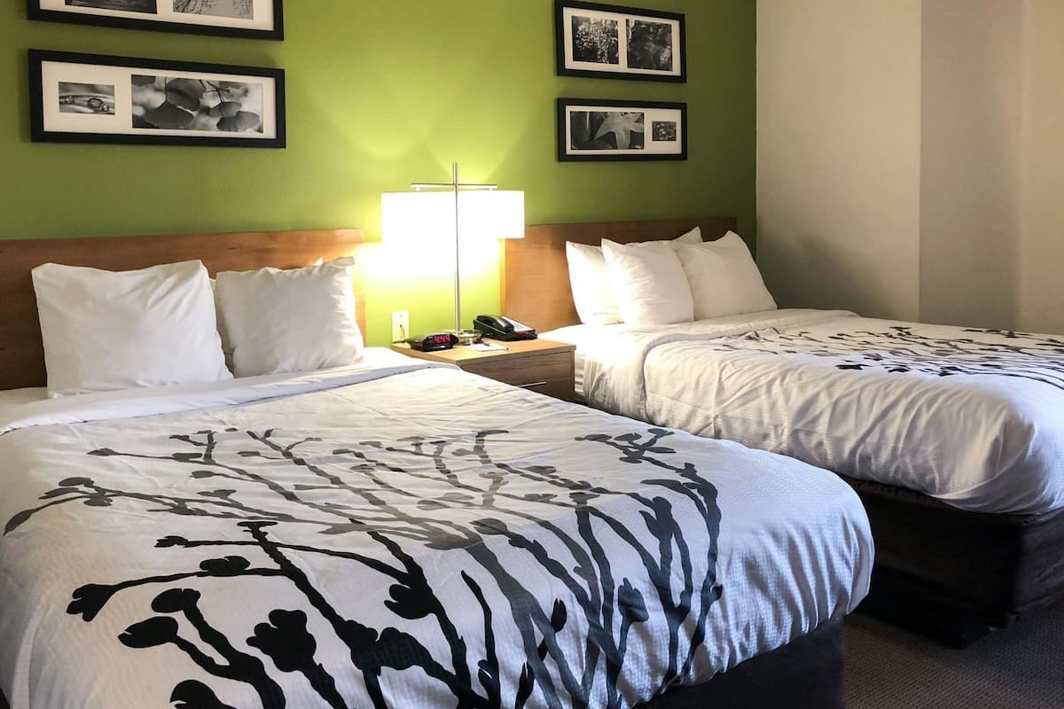 A hotel room with two beds, a nightstand with a lamp, and framed pictures on the wall.