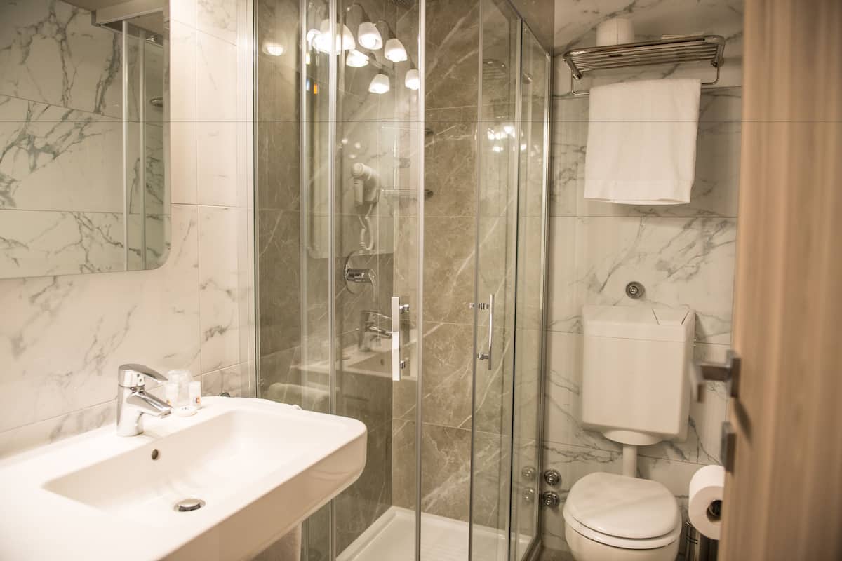 free toiletries, hair dryer, bidet, towels