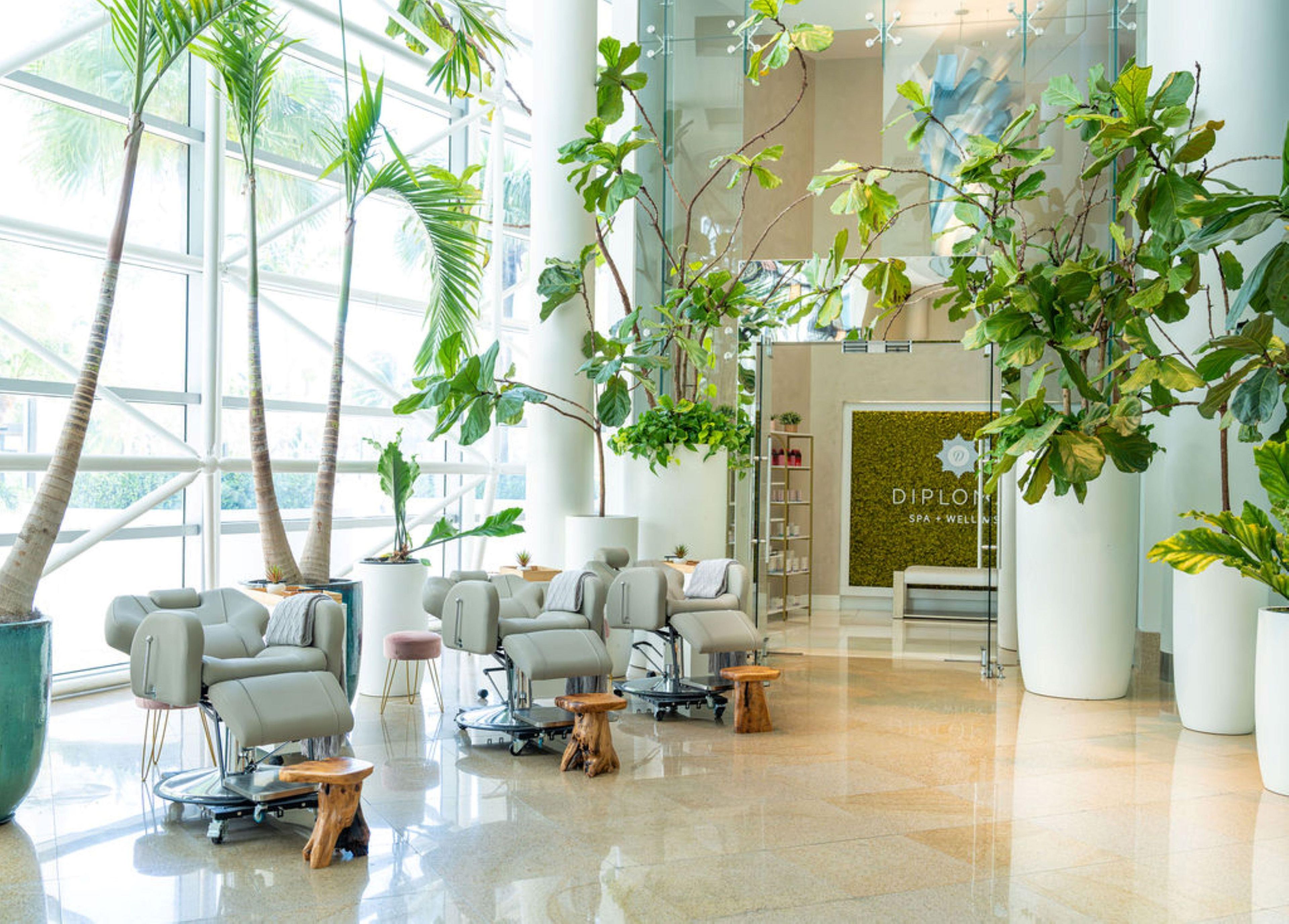 A modern spa area with seating, large windows, and indoor plants.