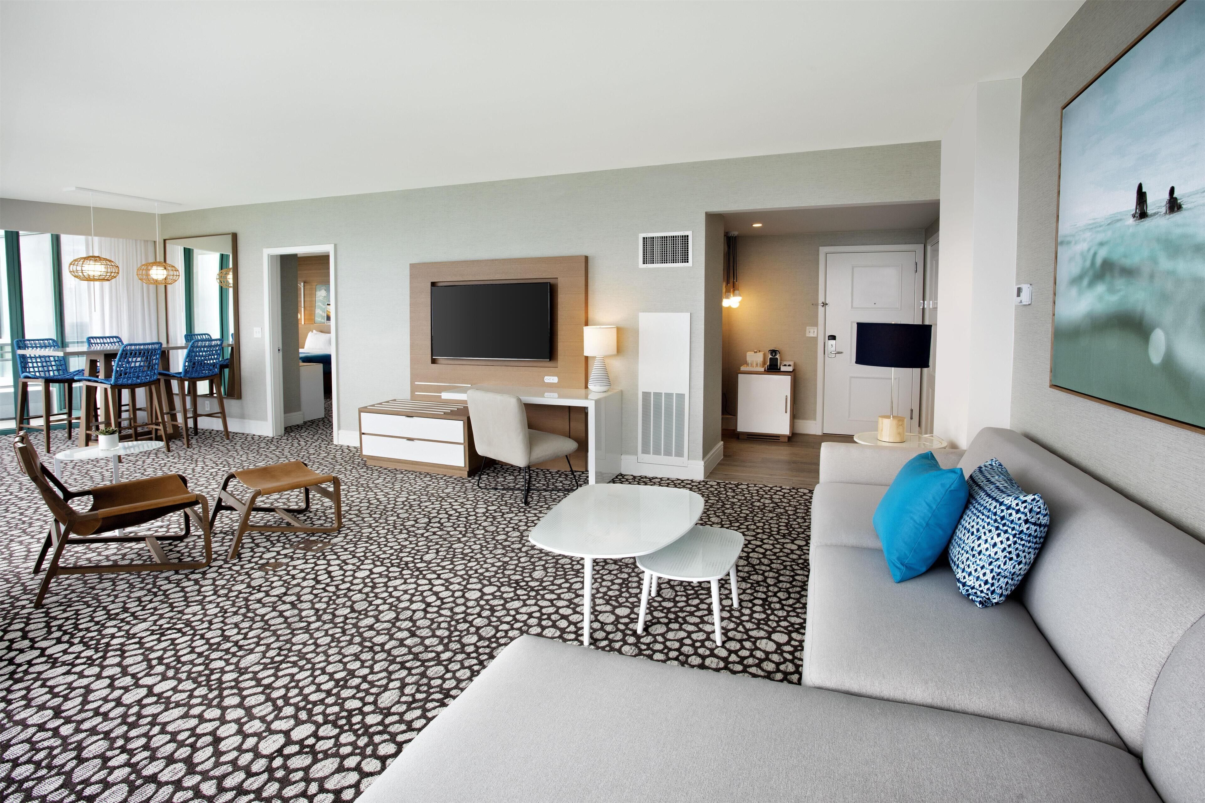 55-inch flat-screen TV with cable channels, TV, pay movies