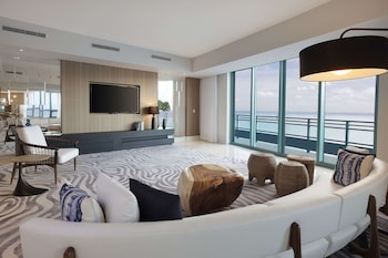 Penthouse, 1 King Bed, Balcony, Oceanfront | Living area | 55-inch flat-screen TV with cable channels, TV, pay movies at Diplomat Beach Resort Hollywood, Curio Collection by Hilton