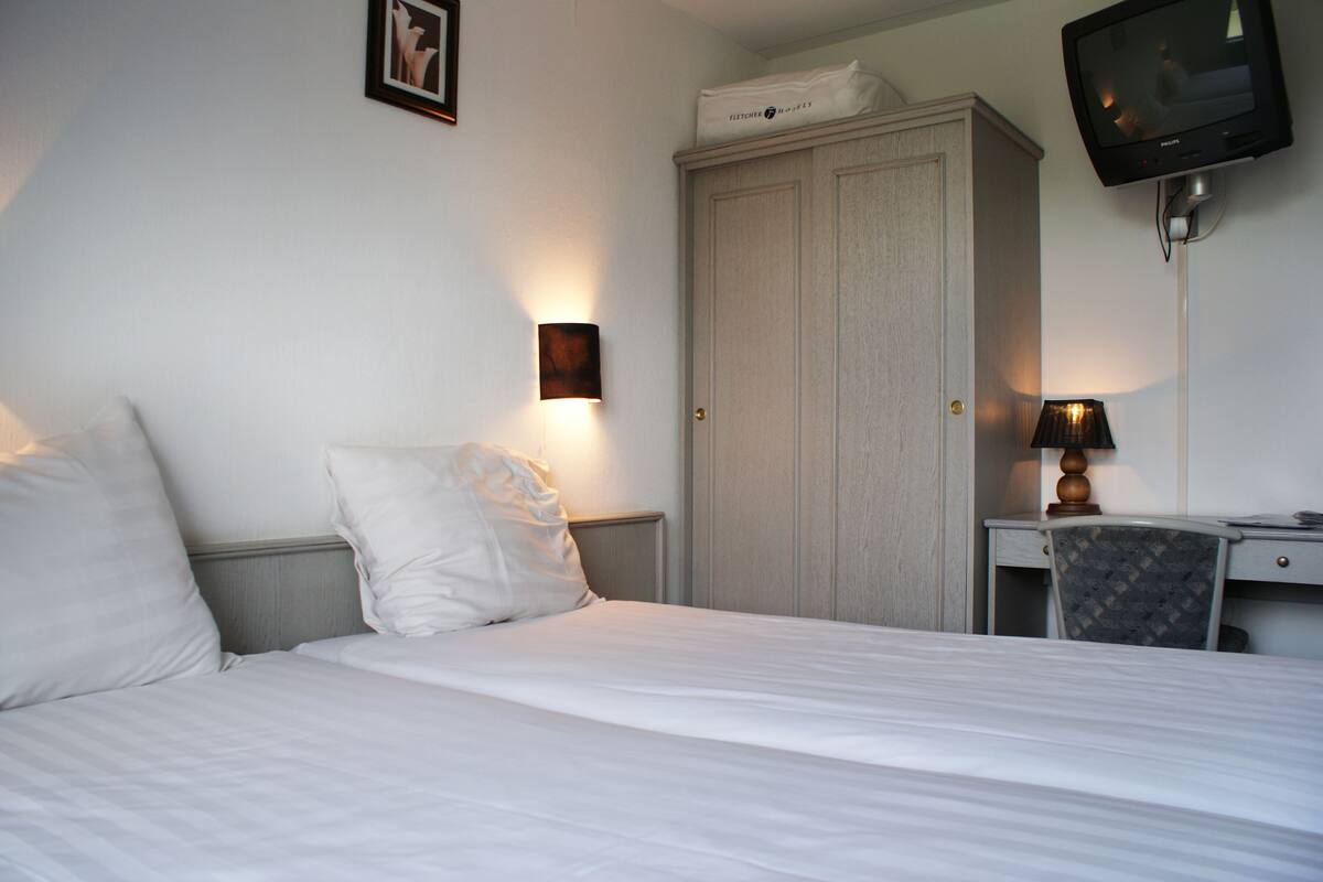 Une chambre d’hôtel comprenant un lit, un bureau, une chaise, une télévision et une armoire.